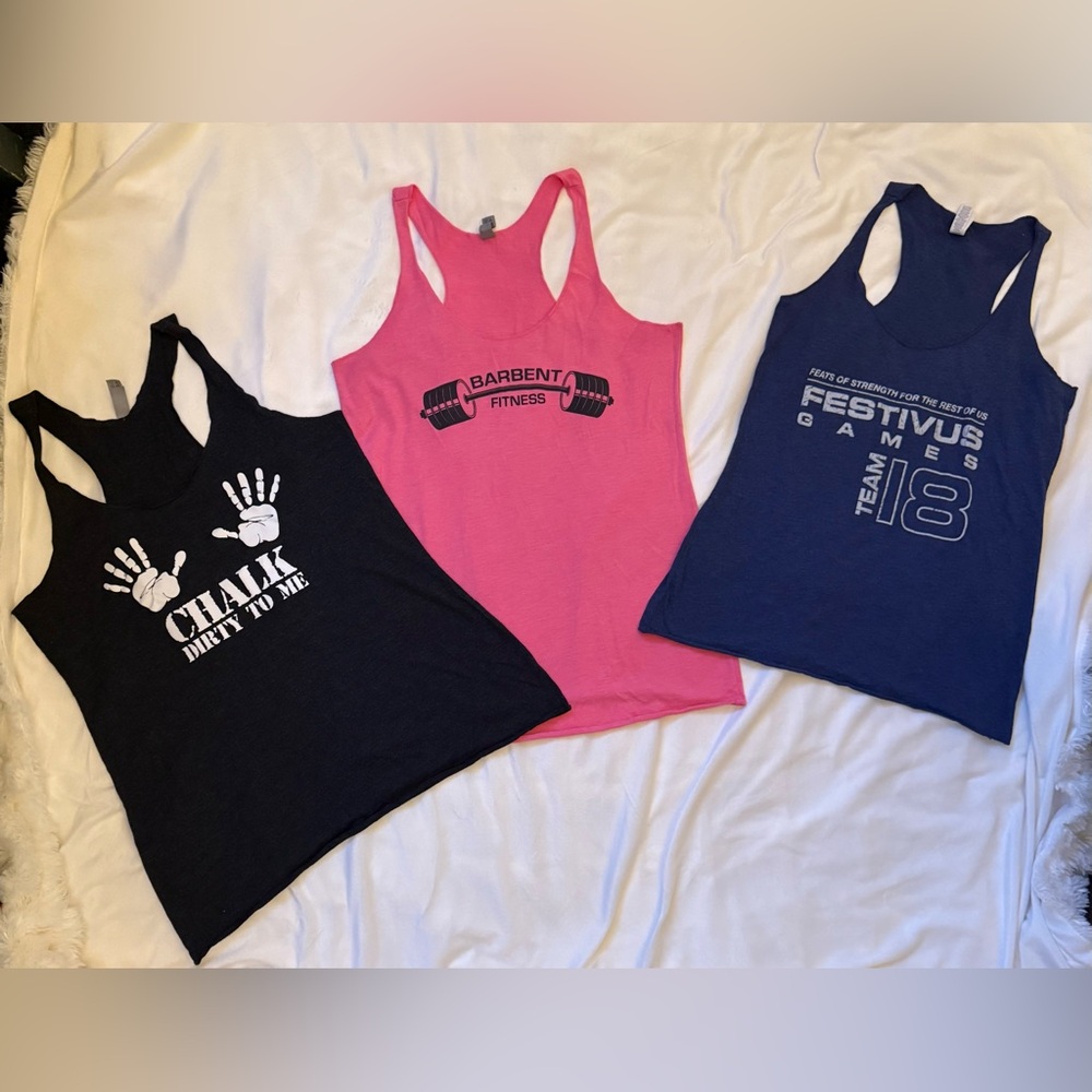 Set of Three Graphic Tank Tops - Black (M), Pink (M), and Blue (S)